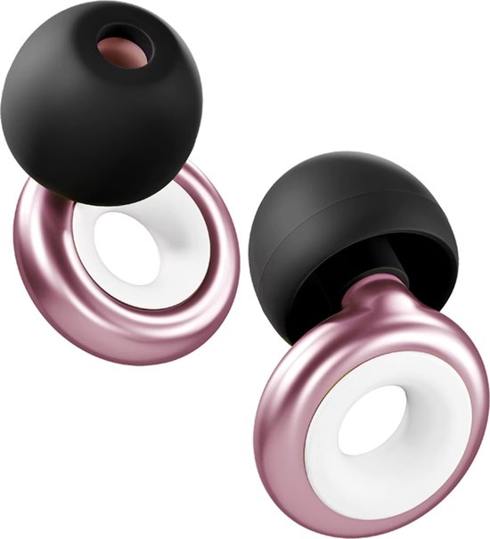 Twee zwarte oordopjes met roze ringen, geïsoleerd op een witte achtergrond.