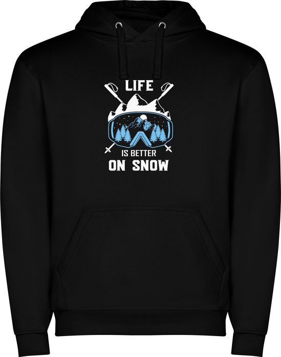 Zwarte unisex hoodie met “ Kleurrijke Life is better on snow – Het leven is beter in de sneeuw “ Print Full Color Color merk Roly maat S
