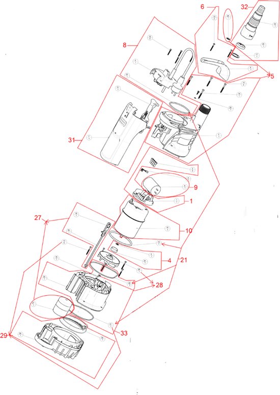 Exploded view van een dompelpomp met genummerde onderdelen.