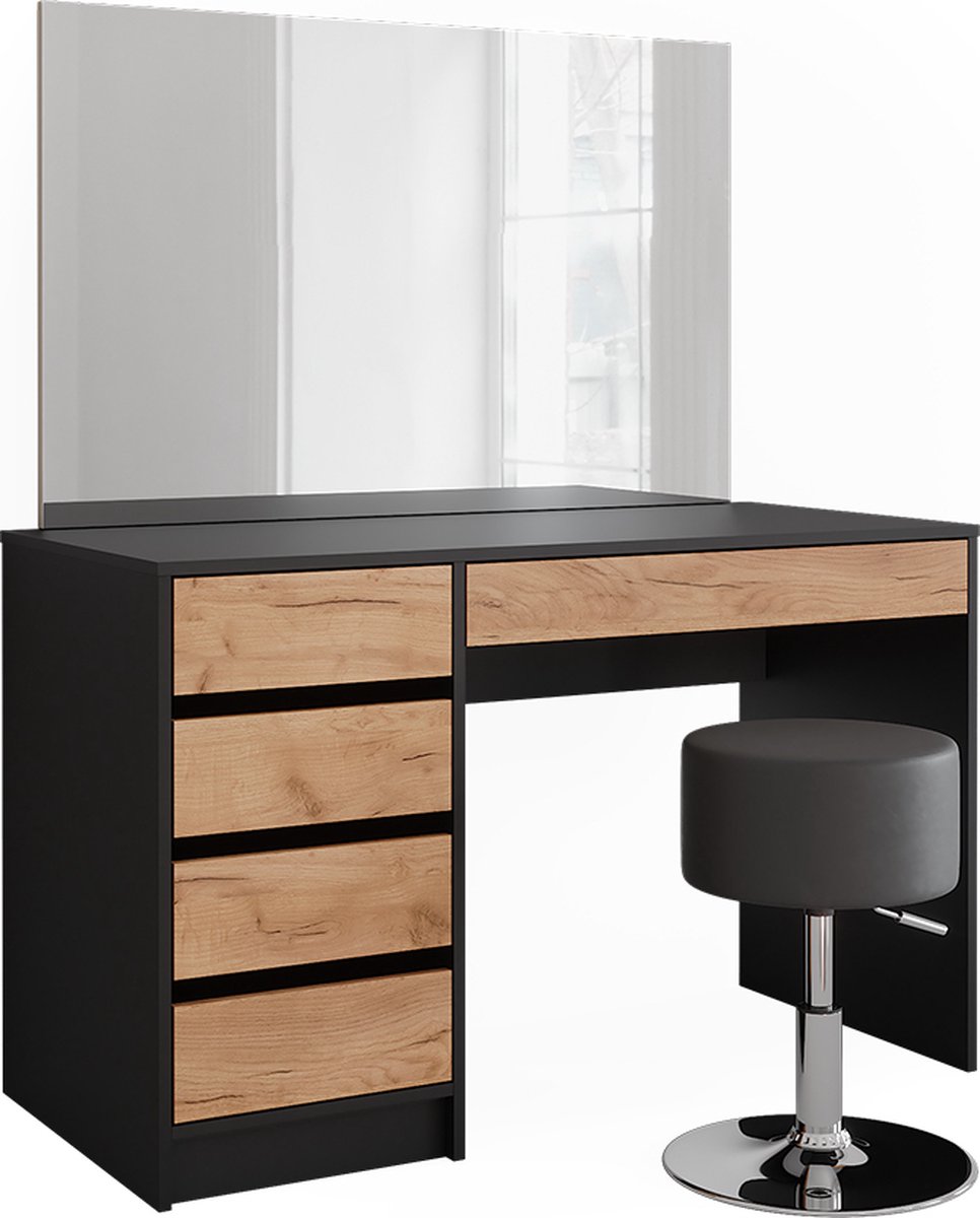 Vicco Sherry Kaptafel – 120 x 75 cm met spiegel en kruk Antraciet/gouden eik