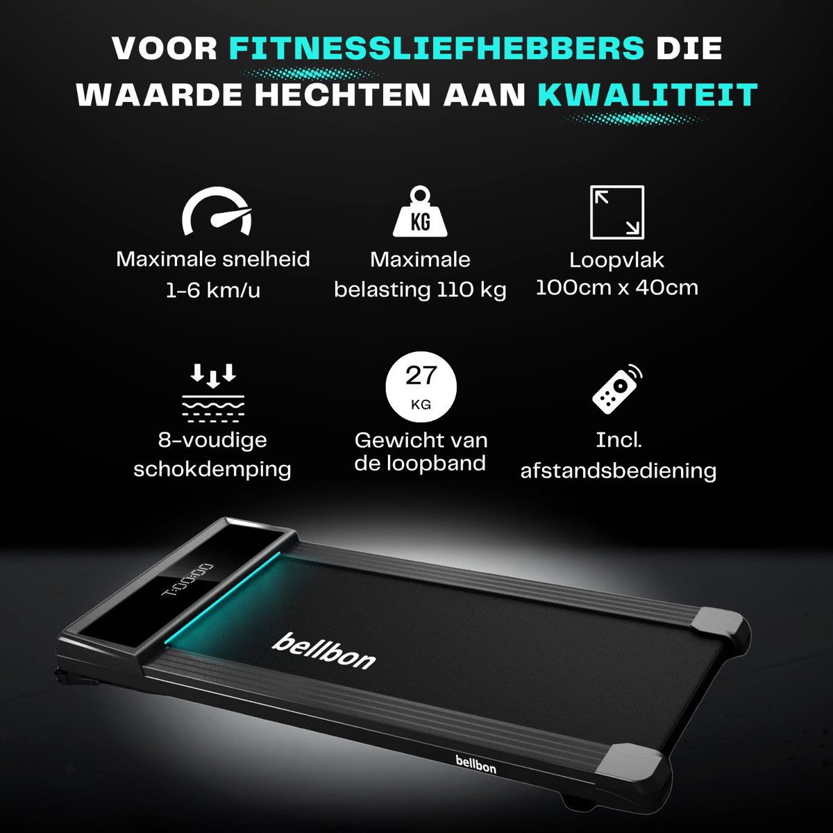 Afbeelding 2 van Bellbon Loopband 1-6 km/h - Walking Pad voor thuiswerken - Wandelband elektrisch inklapbaar - Treadmill -zwart