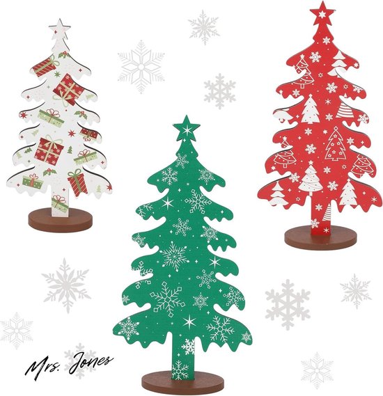 Foto: Mrs jones premium kerstboom tafeldecoratie 3 stuks houten 3 stijlen feestgunsten kerst