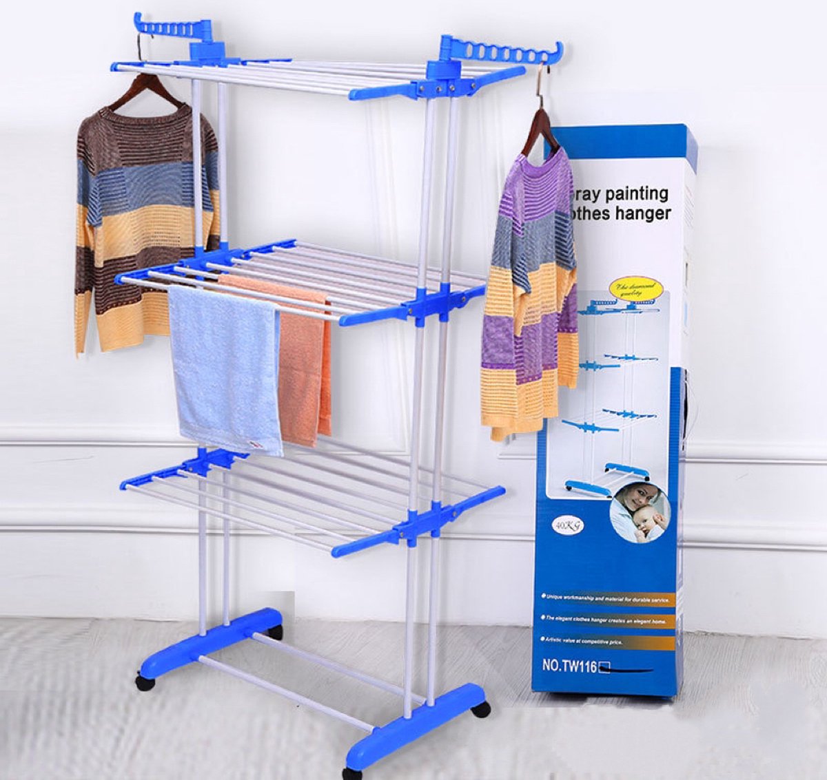 Goedkoopste Droogrek - Wasrek - Droogrek inklapbaar - Droogtoren - Opvouwbaar - 170 CM - 3 lagen - Blauw - Incl. wielen