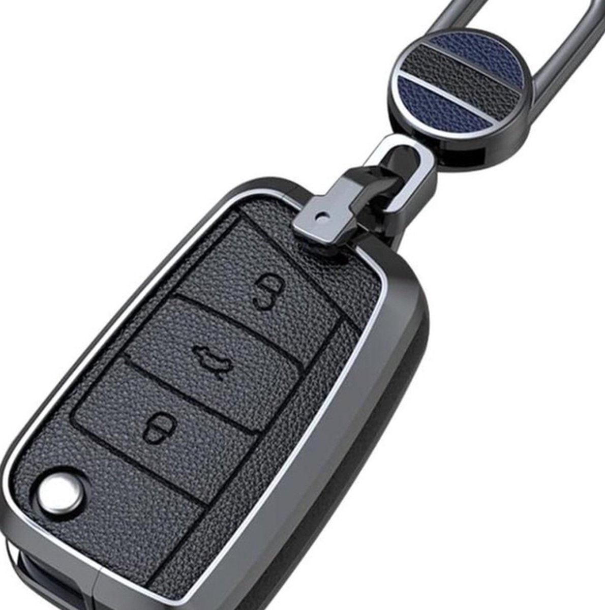 Autosleutelhoes VW Golf 7 MK7 Jetta T-ROC Seat Leon 3 Ibiza Ateca Skoda Fabia Karoq - metaal leer - sleutelcover sleutelhanger - sleutelhoes sleutelbescherming zwart