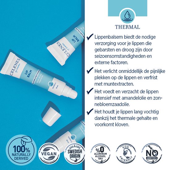 Lippenbalsem van Celenes by Sweden, 10 ml, met teksten over 100% natuurlijk, vegan, Zweedse oorsprong, 0% alcohol en eco-vriendelijk.