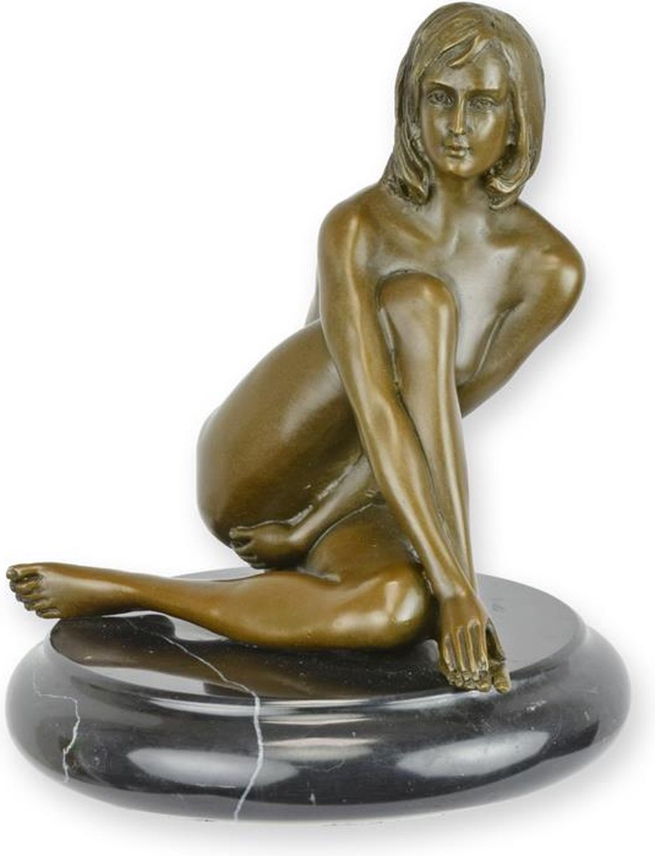 Zittende naakte vrouw - Bronzen beeld - erotische sculptuur - 17,4 cm hoog