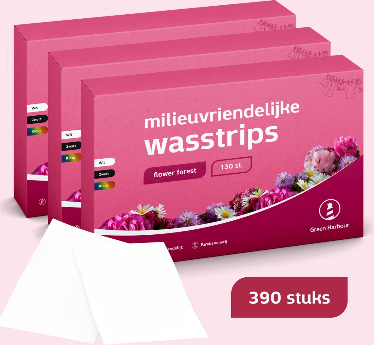Goedkoopste GreenHarbour 4-in-1 Wasstrips - Flower Forest - Wasmiddeldoekjes - Wasmiddel - Incl. Wasverzachter - 390 Stuks