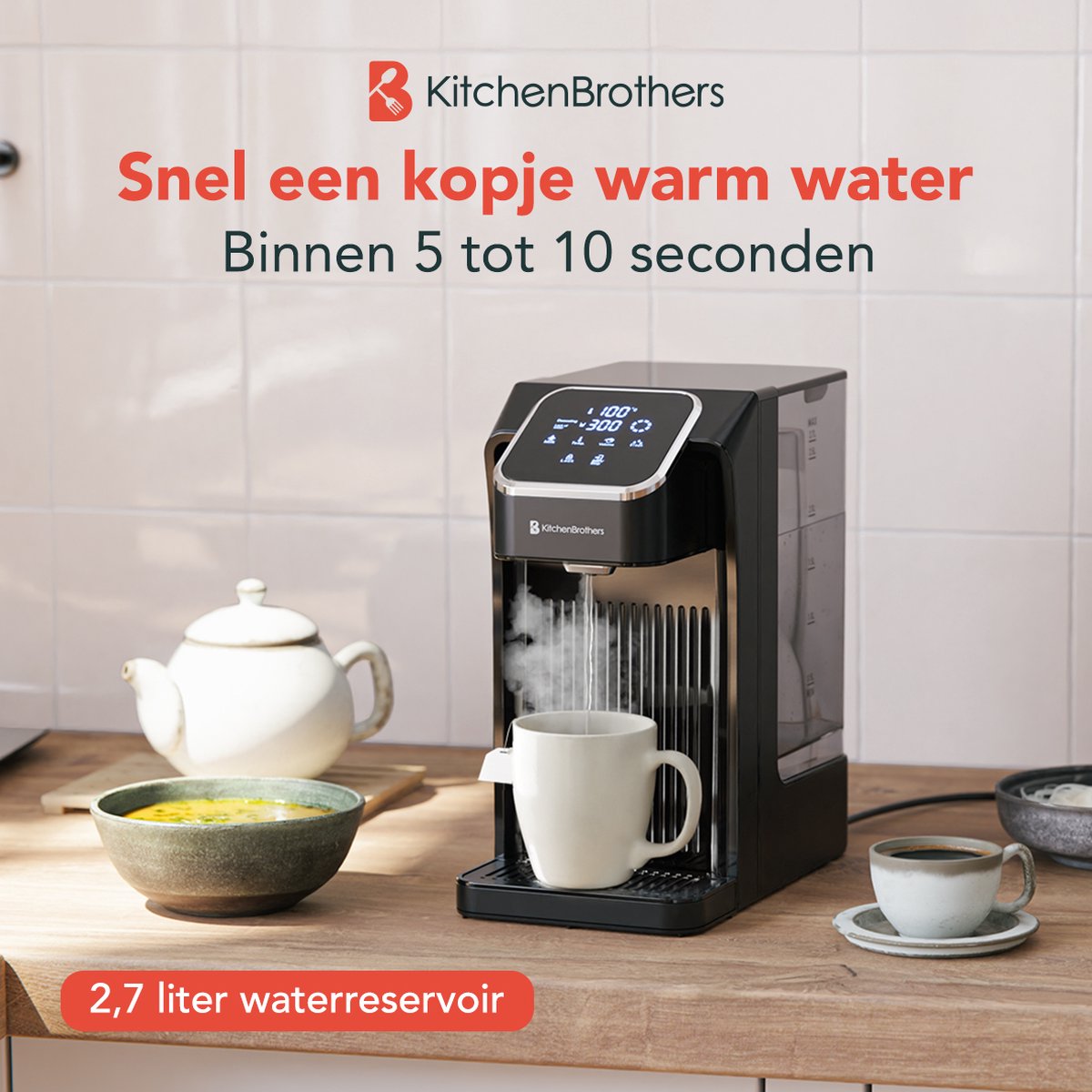 KitchenBrothers Heetwaterdispenser - 2.7L - Instant Waterkoker - BPA en PFAS Vrij - 7 standen van 100 t/m 400 ml - Heetwatertap - 40-100°C - Zwart — afbeelding 2