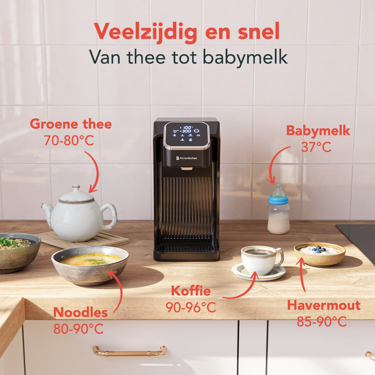 KitchenBrothers Heetwaterdispenser - 2.7L - Instant Waterkoker - BPA en PFAS Vrij - 7 standen van 100 t/m 400 ml - Heetwatertap - 40-100°C - Zwart — afbeelding 4
