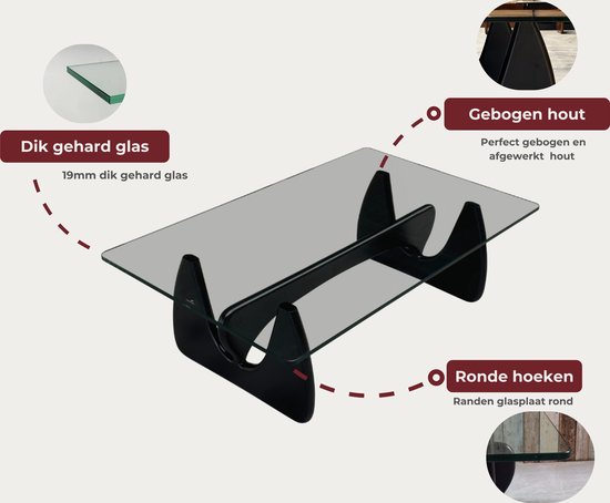 Salontafel - Zwart Hout - Glas - Tafel - Design tafel - Coffee table - Koffietafel