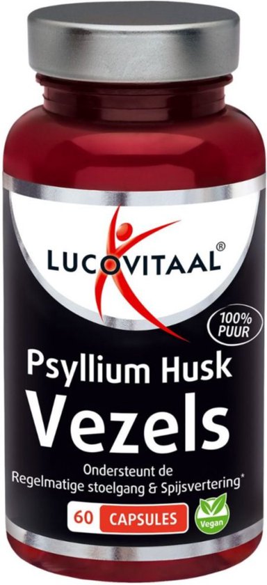 Lucovitaal Psyllium Husk Vezels, 60 capsules in een donkerrode pot.