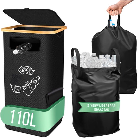 MOWETOO Verzamelcontainer, 2 vakken, 150 liter, statiegeldflessen, houder met deksel, lege spullen en oud glas, vuilnisemmer keuken, incl. 2 draagtas, waterdicht, verrijdbaar met wielen