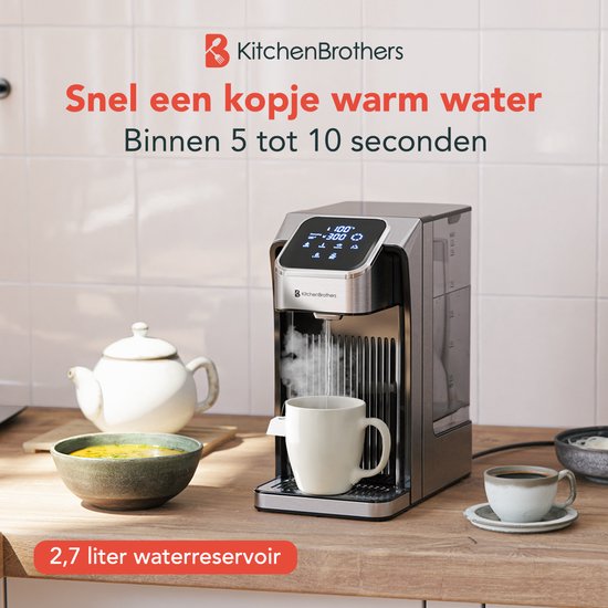 KitchenBrothers Distributeur d'eau chaude - 2,7 L - Écran tactile - Robinet d'eau chaude - Fonction lait - 2600 W - Acier inoxydable/Noir