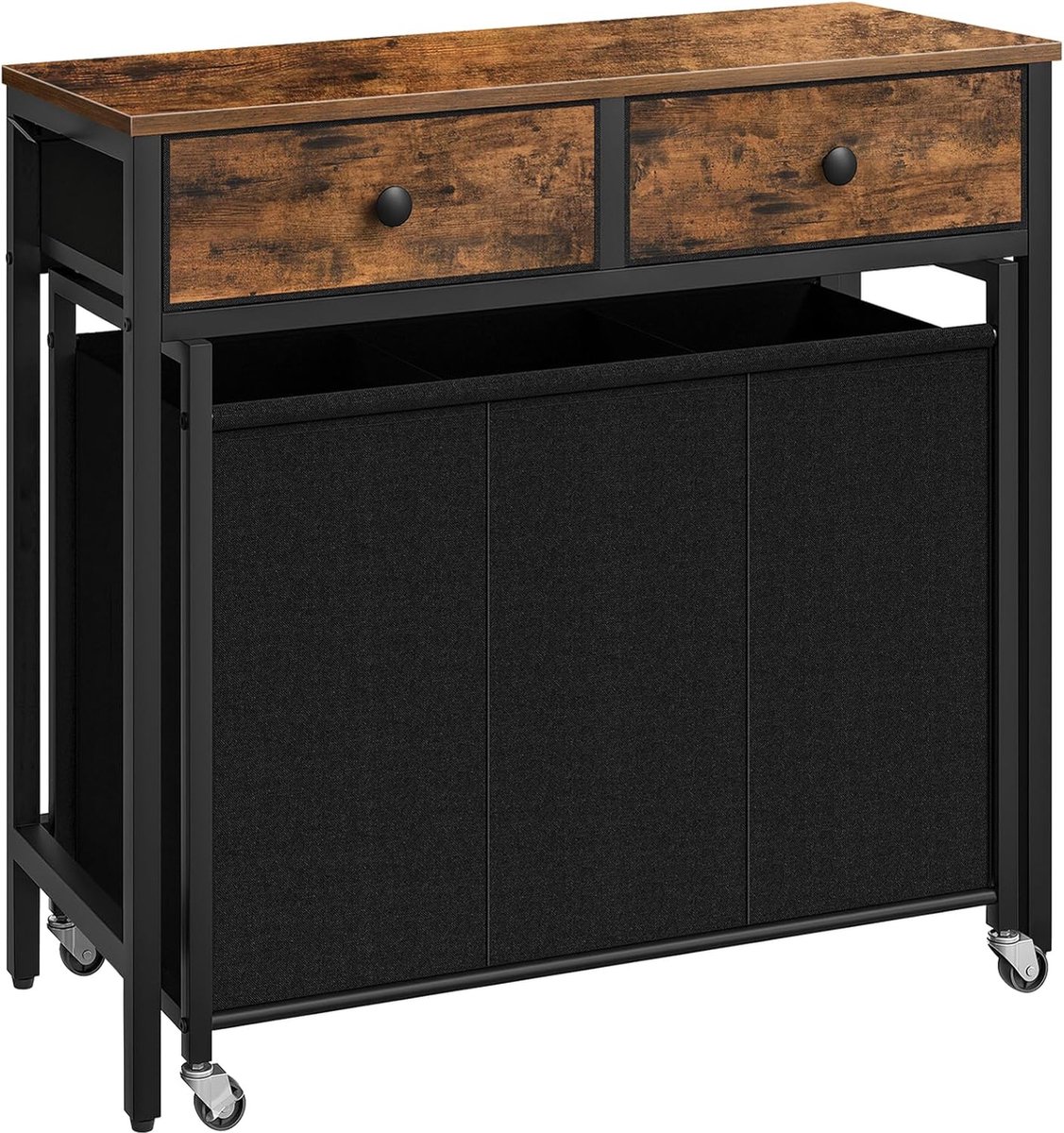 Goedkoopste Wasmand, wasmand, mobiele wasmand met tafel en 2 laden, wasverzamelaar op wielen met 3 vakken, wasbox met haken, voor bijkeuken, vintage bruin en zwart