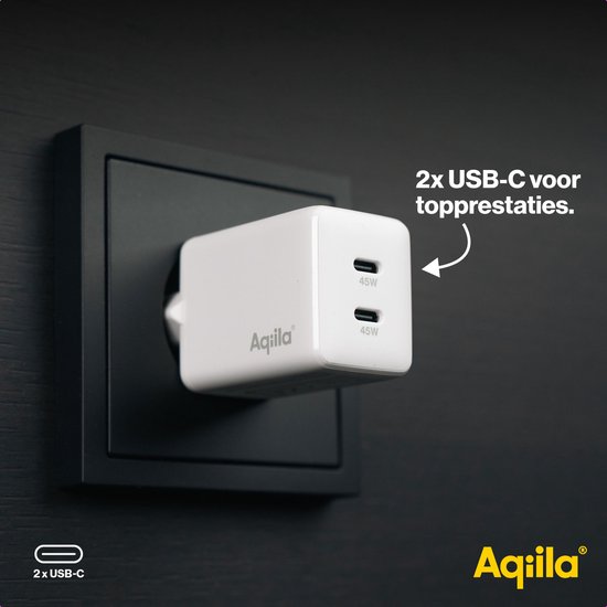 Chargeur USB Aqiila, 45 W, adaptateur USB-C, chargeur rapide GaN, Power PD , 2x USB-C, 100-240 V, Chargebird W2 Wit