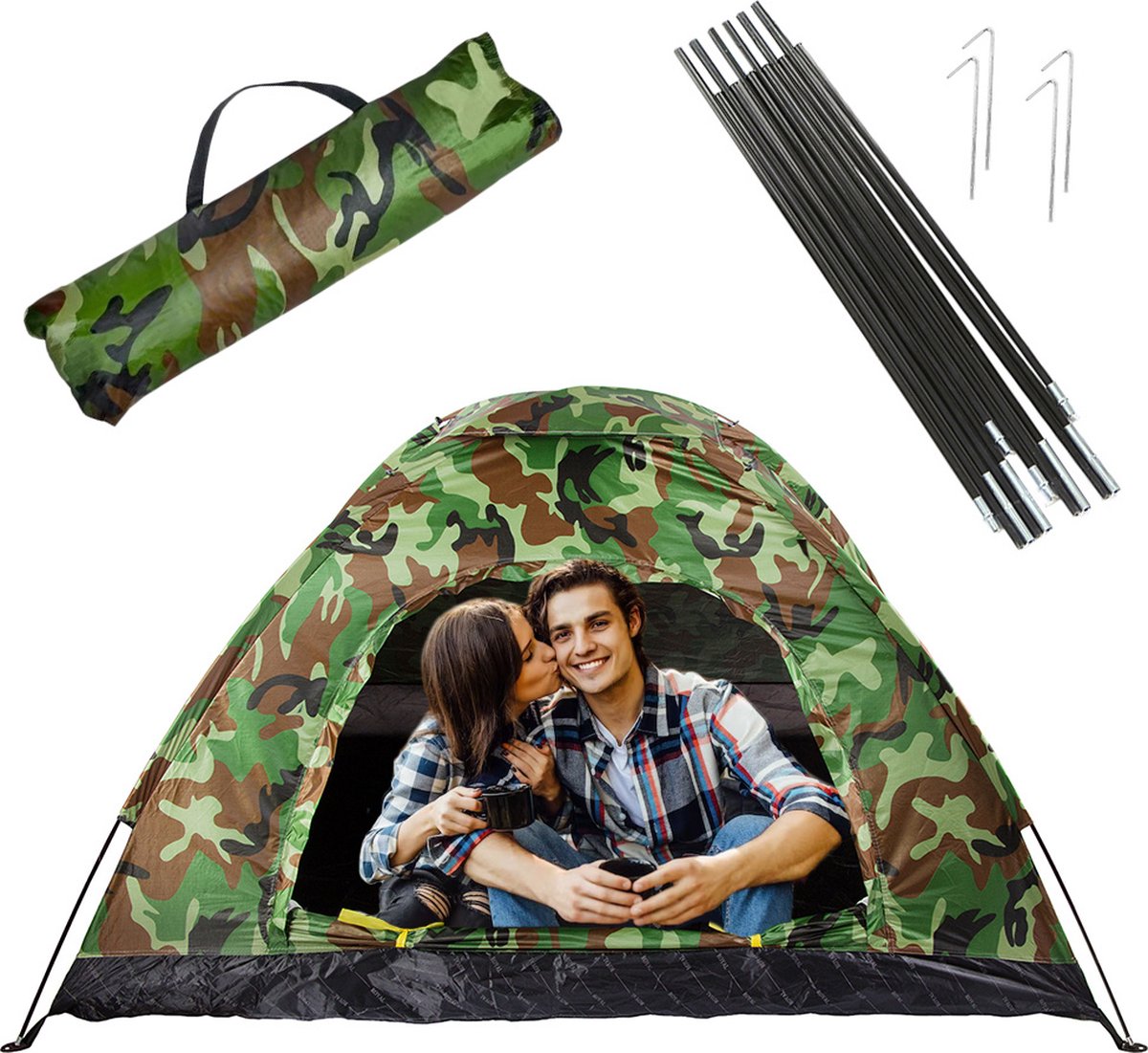 Camouflage Tent 2 Personen met Muggennet - Handige Opbergtas - Ideaal voor Hiking Kamperen Vissen Festival Survival- Visserstent - Camping