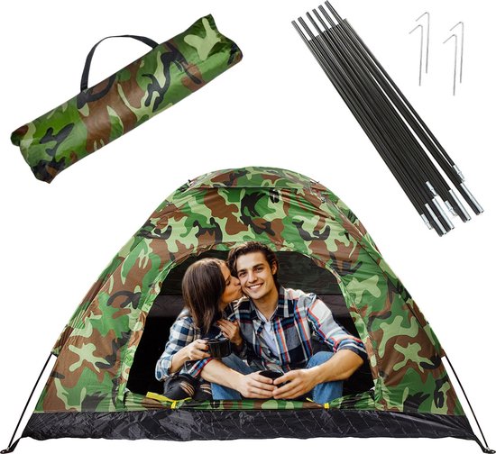 Camouflage Tent 2 Personen met Muggennet - Handige Opbergtas - Ideaal voor Hiking Kamperen Vissen Festival Survival- Visserstent - Camping