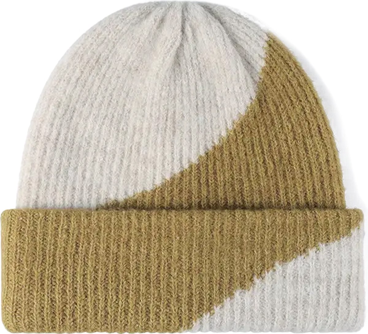 Mosterd gele wollen two-toned muts - mosterd/beige - herenmuts - damesmuts - unisex - muts met diagonale streep - STUDIO Ivana