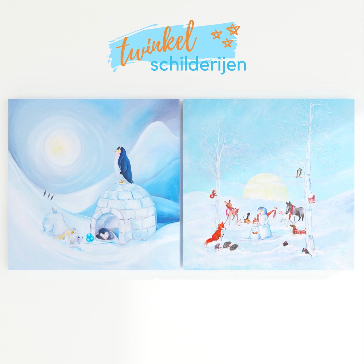 Twinkelschilderijen wanddecoratie kinderkamer kerst - 2 Stuks kerstcadeau muurdecoratie voor kinderen - Canvas schilderij | Incl. GRATIS ophangsysteem | Totaal 30x60cm