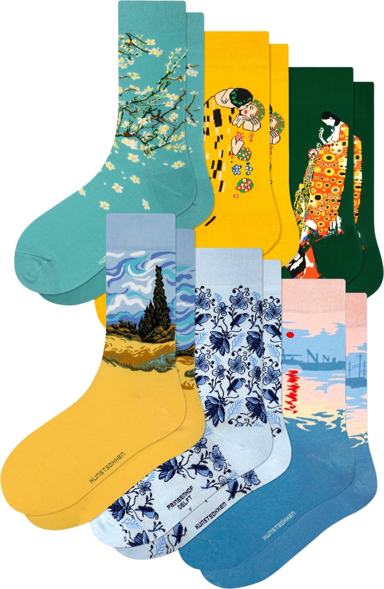 Kunst sokken - Hemelse Harmonieen 6-pack: van Gogh, Klimt, Monet, Delfts Blauw - Sokken Heren 41 46 - Biologisch Katoenen Sokken - funny socks happy - Vrolijke Sokken - Grappige Sokken - Sokken Cadeau