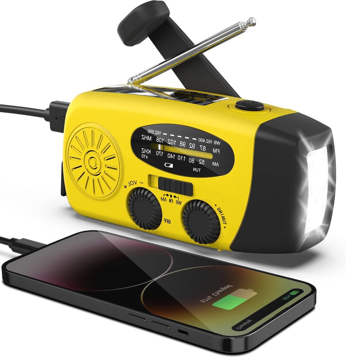 oCreon Noodradio op Zonne-energie - Zwengelradio met USB - AM/FM Weerradio - Dynamo Zaklamp - SOS Alarm