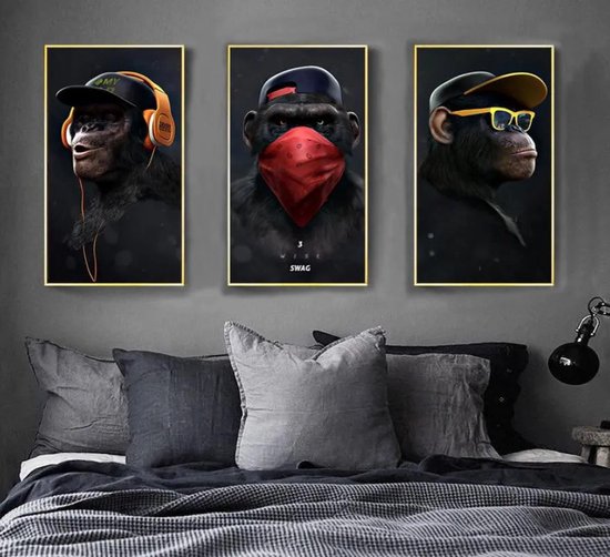 Canvas poster - 3 posters - Horen Zien Zwijgen Apen - muurposter - binnenposter - monkey - muur poster - Voetbal - Kado - Zonder lijst - Posters - Vintage posters - Trendy