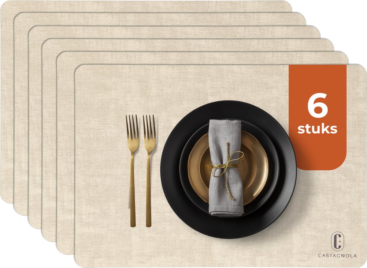Castagnola Lederlook Placemats - Antislip Placemat van Kunstleer - Waterafstotende Onderlegger - Onderzetter - Placemats kunststof - 6 Stuks - 45 x 30 cm - Gemêleerd Beige