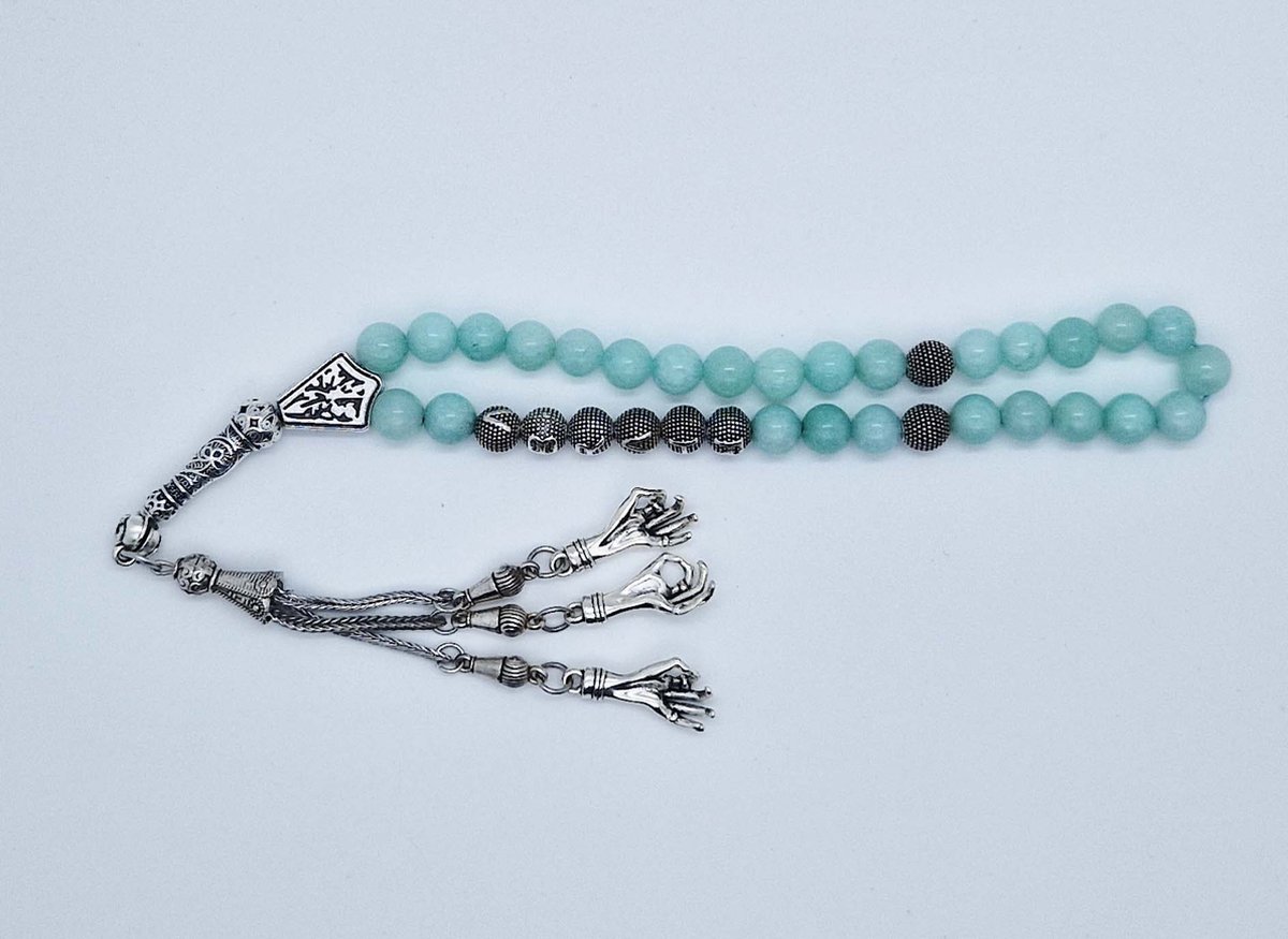 Handgemaakte naam tasbih 33 Kralen Natuursteen “AAA Amazonium” - met metaal tassel “ Handpalm"- Met je naam of de naam van uw geliefde- 8 mm diameter van de korrel