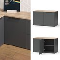 Hoekunit en gesloten unit van antraciet dressoir met houten blad, met een platenspeler.