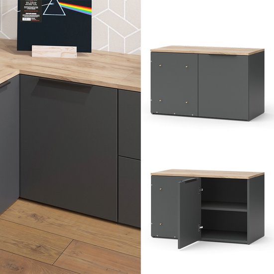 Hoekunit en gesloten unit van antraciet dressoir met houten blad, met een platenspeler.