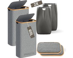 Smalle Wasmand - 60L - 2 Stuks - Wasmanden met Deksel en Waszak - Mand Vuile Was - Opbergmand - Mand - Grijs
