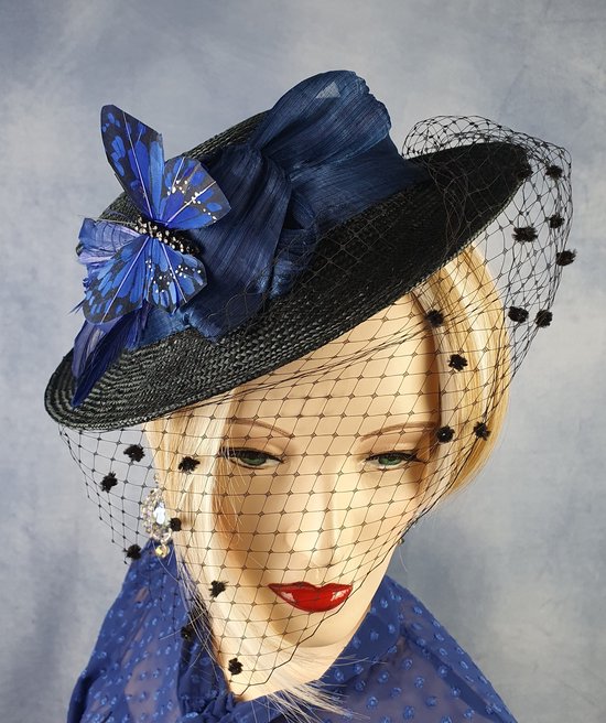 Creaciones - Chapeau Parasisal Noir - Voile et Papillon Bleu - Taille 55 cm (M) - Handgemaakt et Uniek