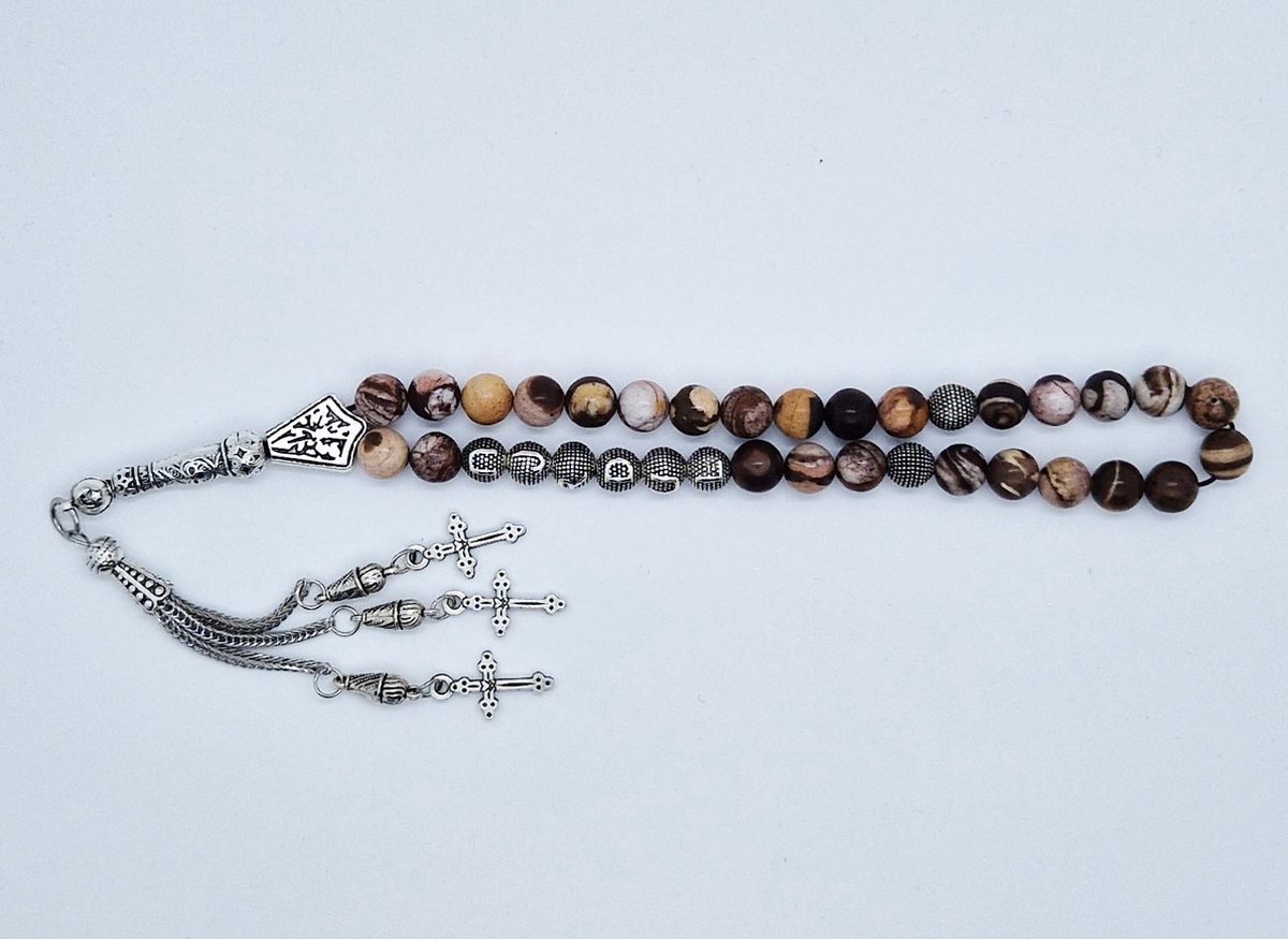 Handgemaakte naam tasbih 33 Kralen Natuursteen “Australia zebra jasper” - met metaal tassel “ Kruis"- Met je naam of de naam van uw geliefde- 8 mm diameter van de korrel