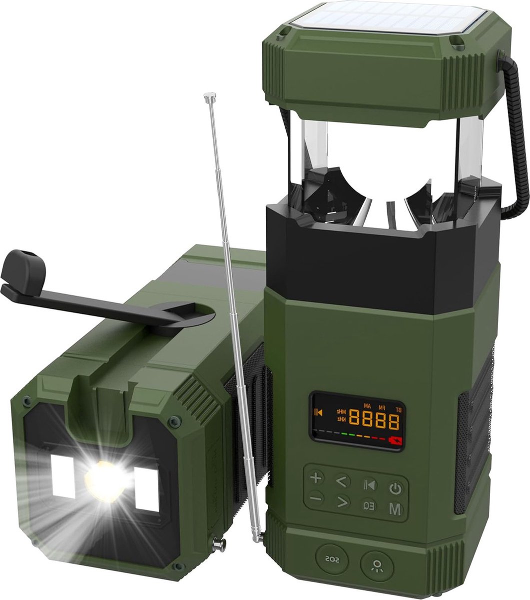 oCreon Noodradio Zwengel Campinglamp AM/FM LED Lantaarn Zonne-Bluetooth Luidspreker Outdoor