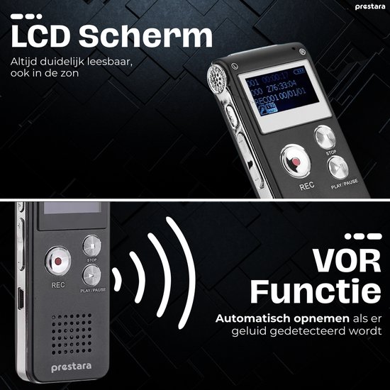 Zwart Prestara dictafoon met LCD scherm en automatische opnamefunctie.