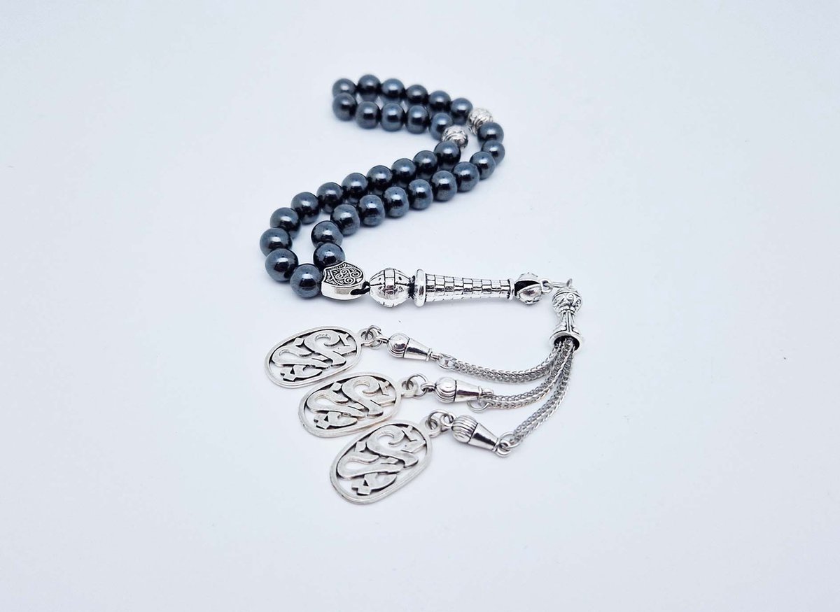 Handgemaakte tesbih "tasbih" natuursteen "Hematiet" - Aantal kralen 33 - Diameter kralen 8 MM - met metaal tassel "model A6" - Een mooi cadeau-idee
