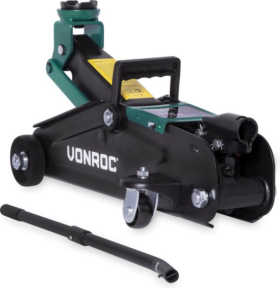 Zwarte VONROC autokrik met groene accenten, inclusief zwarte hefboom.