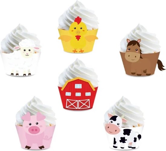 Boerderij Dieren Cupcake Taart Wrappers Vormpjes 12 stuks Schaap Paard Kip Koe Varken Schuur