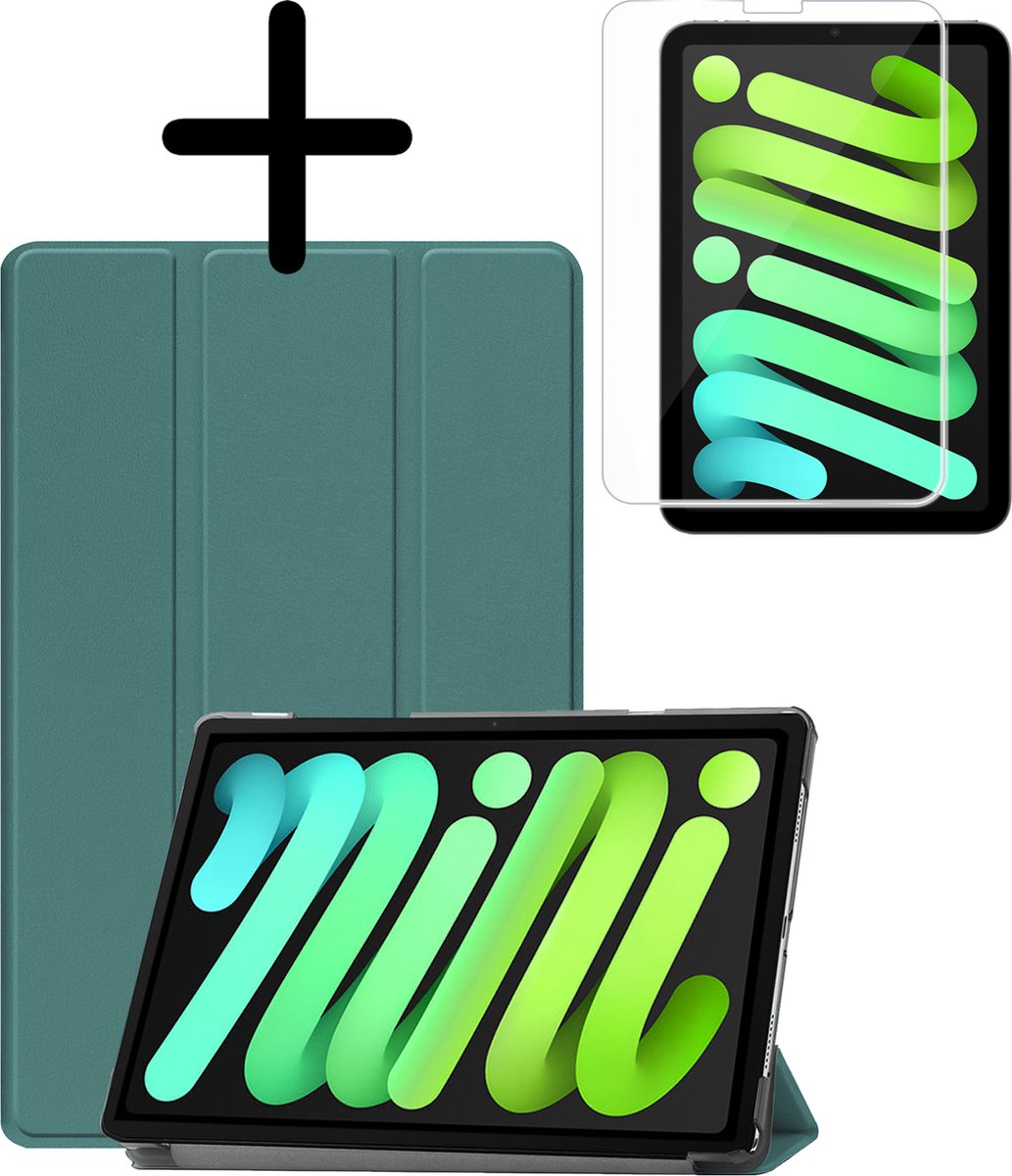 Hoesje Geschikt voor Apple iPad Mini 7 (2024) - 8.3 inch - 7e Generatie - Met Screenprotector - Trifold Bookcase - Hard Cover - Hardcover Book Case - Tablet Hoes - Donkergroen