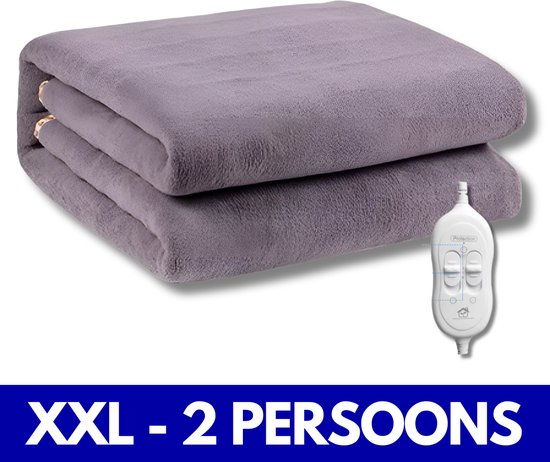 XXL Elektrische deken –  Onderdeken – Tweepersoons – 200 x 180 cm - 2 temperatuurstanden – Fleece –  Twee schakelaars – Grijs