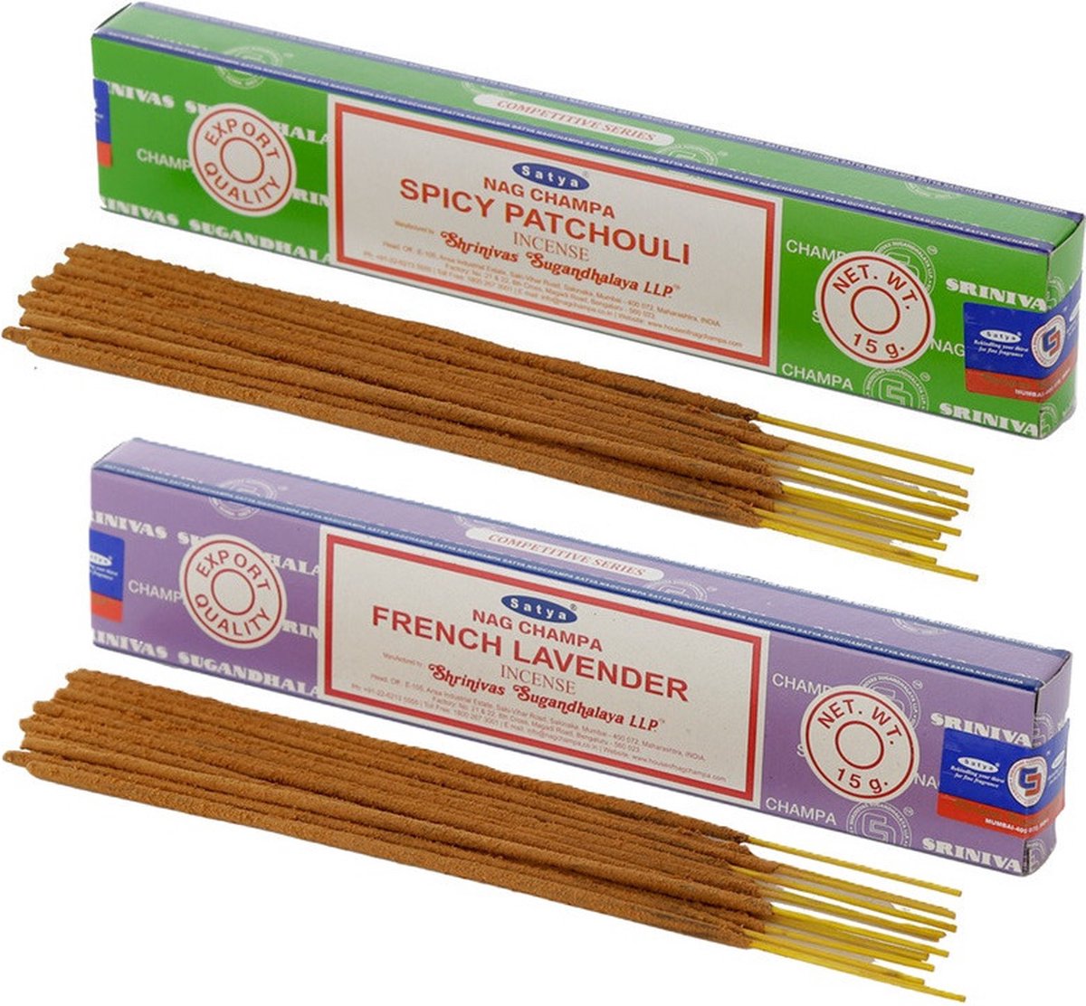 Satya Wierook cadeaus set - 2x geurstokjes - Patchouli en Lavendel geur - Meditatie Lichtgroen