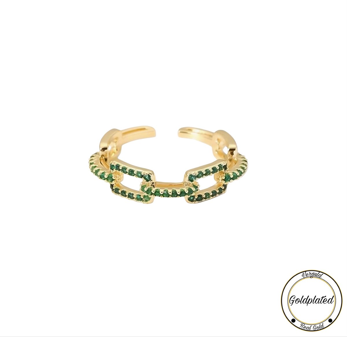 Borasi Green Chain Zirkonia Ring | 18k Goldplated | Groen | Vrouwen Ringen | Dames Sieraden | Vrouwen Sieraden | Meest Verkochte Sieraden | Cadeau Voor Haar | Moederdag Cadeautje