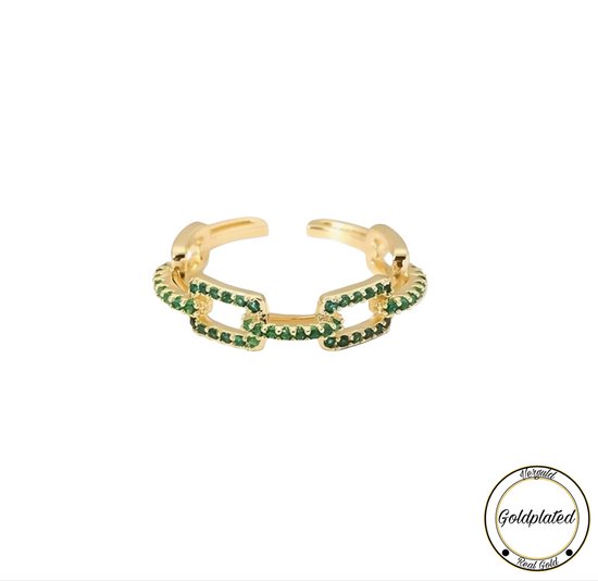 Gouden schakelring bezet met groene zirkonia steentjes. Dit product is goldplated.