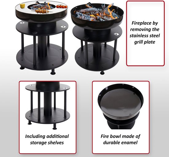 Vuurschaal met grill MCW-K95, vuurplaats-grill BBQ, grillplaat plank, staal roestvrij staal email Ø 56cm zwart van Merkloos — afbeelding 4