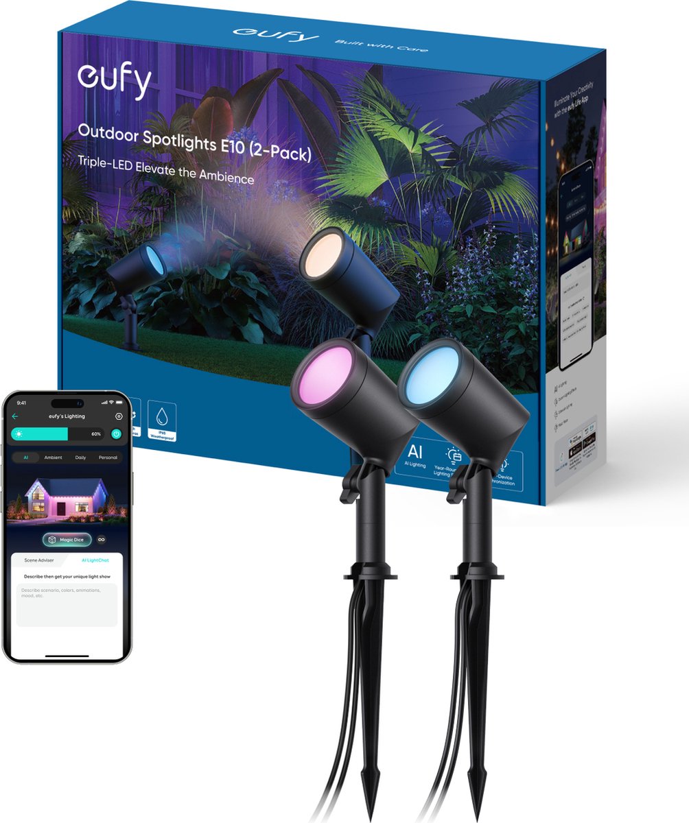eufy Buitenverlichting Spotlampen E10 2 Pack - Spot Light - Slimme buitenverlichting met RGBWW LED's - 500 lumen helderheid - IP65 waterdicht - Compatibel met Alexa en Google Assistant