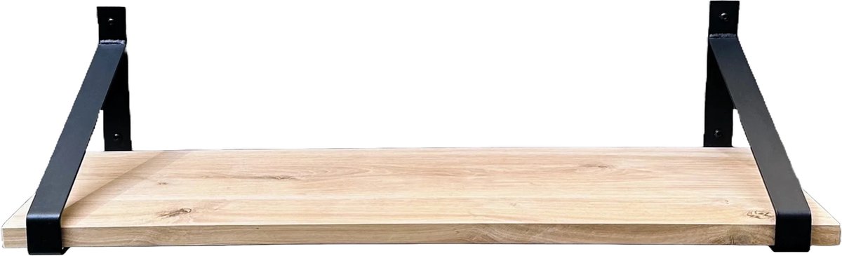 GoudmetHout Wandplank Industrieel - 60 x 35 cm Muurplank - Eiken Hout - Decoratie Wandrek & Boekenrek - Hangplank Keuken - Wall Shelf + 2 Mat Zwarte Plankdragers van Staal Licht eiken, Mat zwart