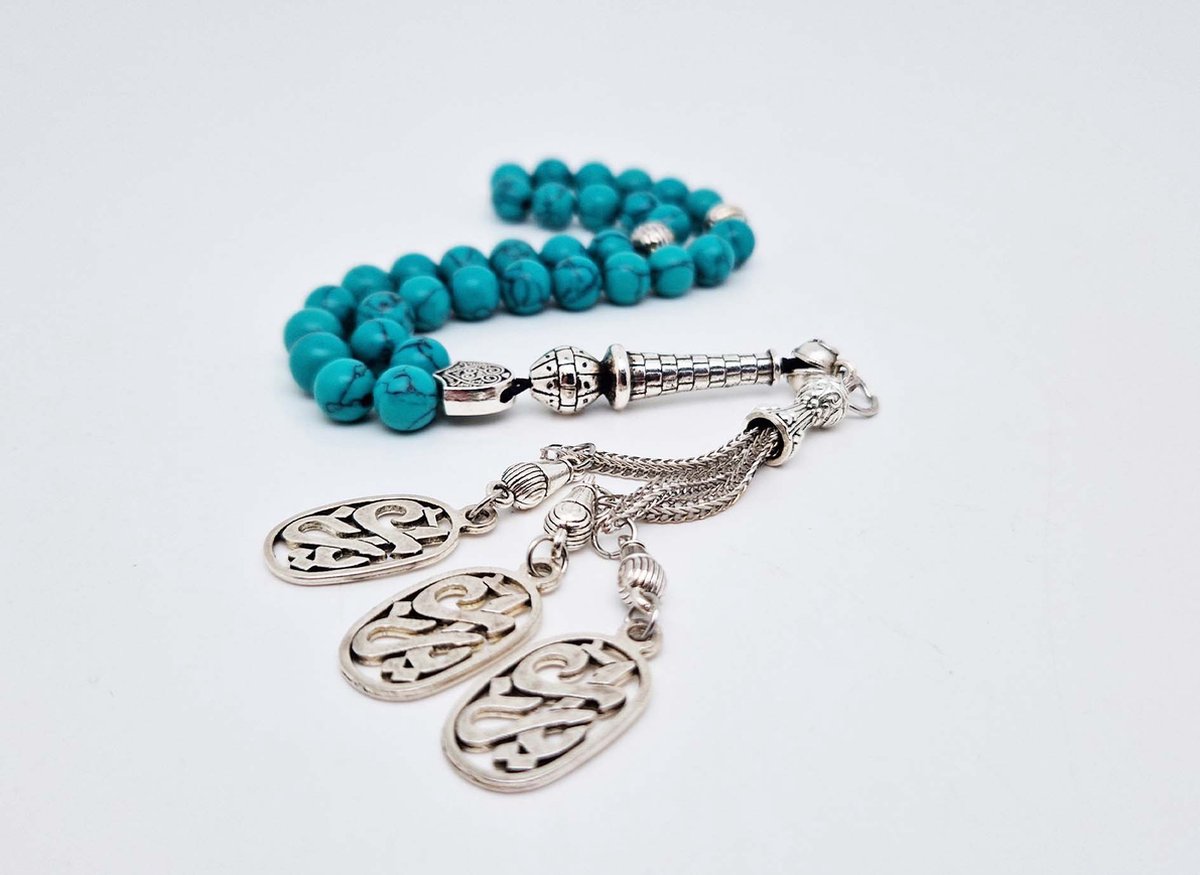 Handgemaakte tesbih "tasbih" natuursteen "Howliet groen" - Aantal kralen 33 - Diameter kralen 8 MM - met metaal tassel "model A3" - Een mooi cadeau-idee