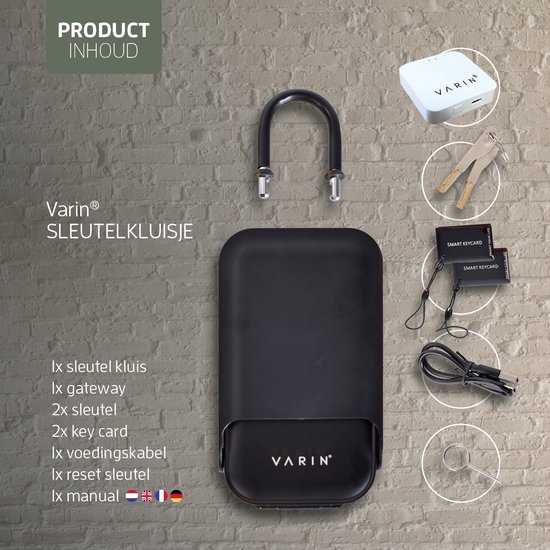 Alle onderdelen van het Varin smart sleutelkluis pakket: kluis, beugel, gateway, sleutels, keycards, kabels en reset sleutel.