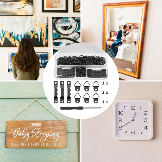 Collage van foto's met diverse ophanghaken, schroeven, een schroevendraaier, een klok en een "Baby Sleeping" bordje.
