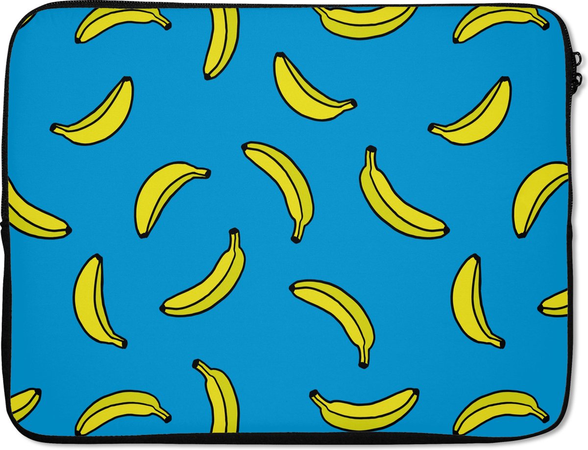 Laptophoes 17 inch - Bananen - Geel - Blauw - Print - Laptop sleeve - Binnenmaat 41x28 cm - Zwarte achterkant